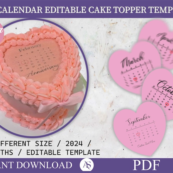 2024 Calendar Heart Cake Toppers, Burn Away Cake Topper Calendar Template, Sugar Frosting, Wafer Paper, Custom Cake Topper, Canva Editable