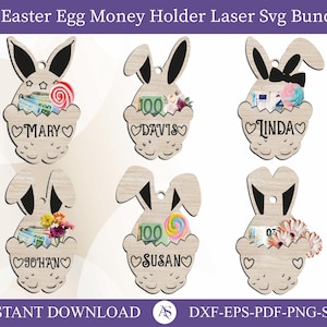 06 Porta soldi a forma di coniglietto pasquale SVG, regalo personalizzato per Pasqua, decorazione per cestini, riempitivi per cestini pasquali, file tagliato al laser, Glowforge