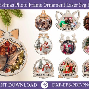 Paquete de marcos de fotos de adorno de árbol de Navidad, marcos de fotos de Navidad familiares 3D cortados con láser, marco de fotos colgante, soporte de fotos cortado con láser, Glowforge