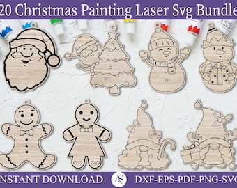 May include: A set of 20 Christmas-themed SVG files for laser cutting. The designs include Santa, a snowman, a gingerbread person, a Christmas tree, a gnome, and an elf. The files are perfect for creating personalized ornaments, decorations, and gifts.