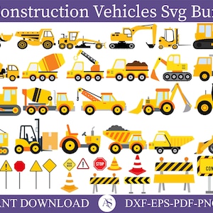 Peut inclure: Un ensemble de 55 fichiers SVG de véhicules de construction, comprenant des bulldozers, des excavatrices et des camions. L'image présente également des panneaux de signalisation et des barrières de sécurité. Le texte indique "55 Construction Vehicles Svg Bundle".