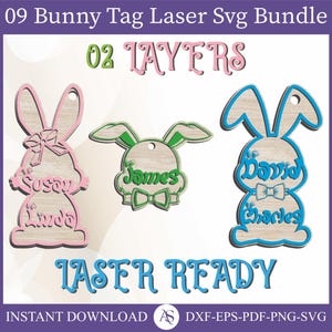 09 Bunny tag Svg, Easter name tag laser file, Basket tag svg, Boy and girl Easter gift tag svg, Layered cut files, Personalized wood tag svg