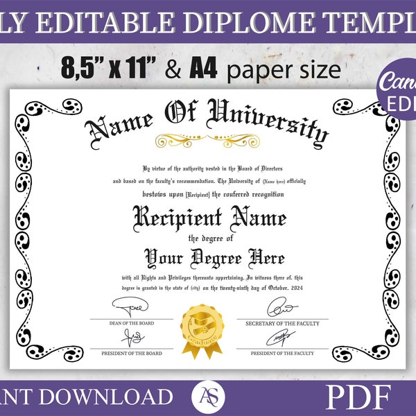 University Diploma, College Diploma, College Degree Template, Printable Certificate With Seal, Diploma Replica Template, Canva Editable