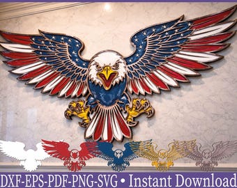 May include: A wooden eagle wall art piece with outstretched wings, painted in red, white, and blue, with stars on the wings. The eagle has a white head, yellow beak and talons. Below are several eagle silhouettes. Text at the bottom reads "DXF-EPS-PDF-PNG-SVG • Instant Download".
