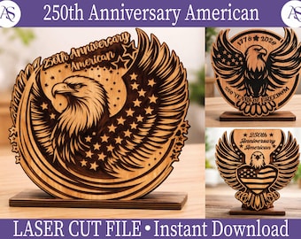 Puede incluir: Diseños de madera cortados con láser que representan un águila con las alas extendidas, estrellas y el texto "250th Anniversary American". Los diseños están montados sobre bases rectangulares. Un diseño incluye los años "1776-2026" y "250 Years of Freedom."