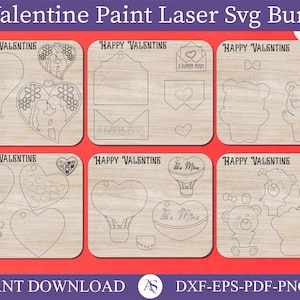 10 Conjunto de San Valentín, Kit de artesanía de bricolaje para niños emergente, SVG, Oso de San Valentín, Corazón de San Valentín, Carta de San Valentín, Digital, Glowforge, Artesanías láser