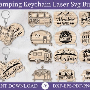 Bundle Camping Keychains Svg ,Motorhome Wooden Keyring Svg ,Caravan Keychain Laser Cut ,Camper Van Keychain Glowforge Files, Campervan Svg