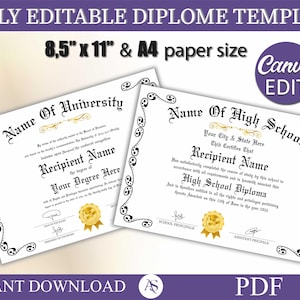 University & High School Diploma, College Diploma, College Degree Template, Printable Certificate With Seal, Diploma Template,Canva Editable