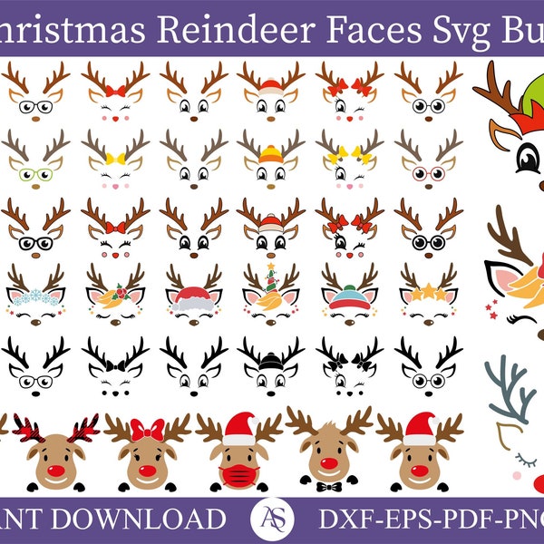 90 Christmas Reindeer Faces Svg Big Bundle, reindeer girl, reindeer glasses, baby reindeer svg, reindeer candy, reindeer boy Svg, Christmas