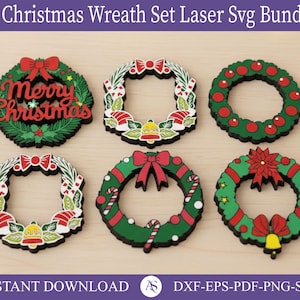 3D Christmas layered wreaths bundle, Xmas wreath laser cut, Merry Christmas svg, wooden wreath, wall hanger sign svg, Xmas home decor