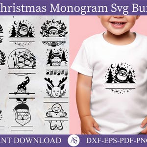 Christmas monogram svg, Christmas baby name svg, funny children's Christmas, split monogram santa, elf, angel, smowman reindeer, png clipart