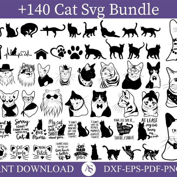 Katzen-SVG-Bundle, Katzen-PNG-Bundle, Katzen-Clipart, Kätzchen-Svg, Katzen-Silhouette, Katzen-SVG-Schnittdateien für Cricut, Katzenkopf-Svg, Tier-Svg, süße Katze