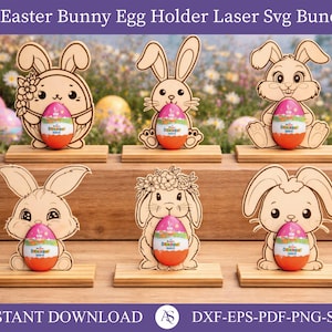 Arquivo SVG para corte a laser de coelho da Páscoa com 16 suportes para ovos, modelo SVG para Glowforge, coelho da Páscoa em pé, arquivo DXF para corte a laser.