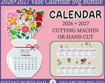 花瓶カレンダー SVG、2026 2027 花柄デスクカレンダー SVG、花柄デスクカレンダー、花柄カレンダー svg、2026、2027 カレンダー