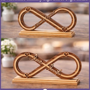 Può includere: Segno infinito in legno tagliato al laser con dettagli a cuore e nomi personalizzati. Il segno è montato su una base rettangolare. I nomi "Williams Elizabeth" e "James Jennifer" sono visibili. È visibile anche il testo "INSTANT DOWNLOAD".