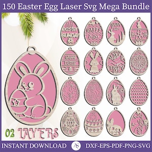 150 Easter Mega Laser Cut Svg Bundle, Bunny Ornaments Svg,Easter Laser Cut svg files, Easter Hanger svg, dxf eps, 2 Layers Ornament Laser