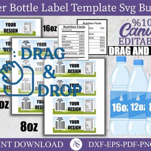 8-12-16 oz Water Bottle Label Blank Template, Water Bottle Label Template, DIY Label Template, Water Bottle Sticker,Party Favors, Canva Edit