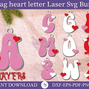 SVG Heart Letter Tag, Letter Heart Tag, Retro Letters, Valentine's SVG, Laser Cut File, Laser Files, Trendy Laser File, Valentine's Tag