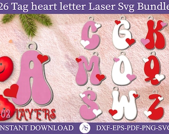 3D Valentine's Day monogram keychains bundle, letter key chain laser cut files, cute wooden key ring, Valentine keyring with hearts svg