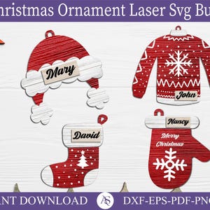 Winter Beanie Hat Christmas Ornament SVG, Christmas Winter Mitten, Stocking, Sweater, Customizable Christmas Gift Tag Laser Cut Files SVG