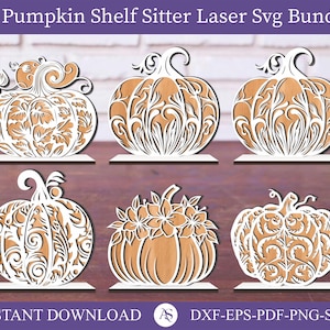 Peut inclure: Ensemble de six décorations de citrouilles en bois découpées au laser. Les citrouilles, aux tons orange et blanc, présentent des motifs floraux et tourbillonnants détaillés. Parfait pour la décoration d'automne. Le texte "10 Pumpkin Shelf Sitter Laser Svg Bundle" est en haut.