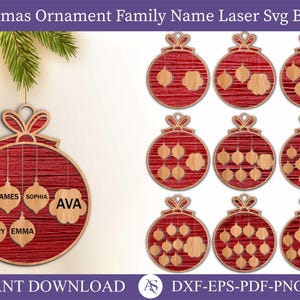 Adornos de Navidad SVG Paquete Nombre personalizado Adorno SVG Corte láser Adorno familiar SVG Madera Nombre de Navidad Glowforge Adorno Decoración de Navidad
