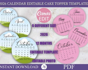 Runde Tortenaufsätze mit Kalendermotiv 2026, Vorlage für einen abbrennbaren Tortenaufsatz, Zuckerguss, Oblatenpapier, individueller Tortenaufsatz, bearbeitbar mit Canva