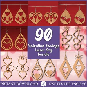 May include: A collection of wooden Valentine's Day earrings in various designs, including hearts, doves, and locks. The image displays multiple pairs of earrings, with the number "90" and the text "Valentine Earrings Laser Svg Bundle".