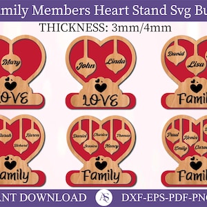 Family Members Heart Stand SVG, Valentine's Hearts gift, Svg Laser files, Valentine's day svg, glowforge svg, Laser cut files, multi layer