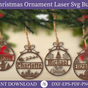 04 Christmas Ornament Svg Bundle Laser Cut File, Christmas Ornament with Name Svg, Personalized Glowforge Files, Christmas Tree Decoration
