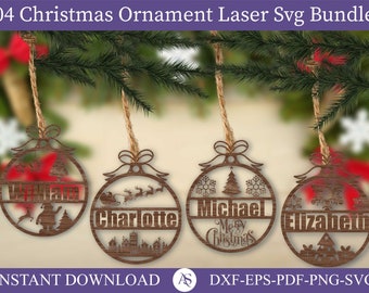 04 Christmas Ornament Svg Bundle Laser Cut File, Christmas Ornament with Name Svg, Personalized Glowforge Files, Christmas Tree Decoration