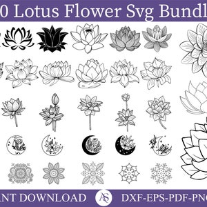 80 LOTUS SVG Bundle Lotus Flower CRICUT Namaste Cut Files Yoga Silhouette Mandala Clipart Meditation Spiritual Digital Png Dxf Eps Jpg Pdf