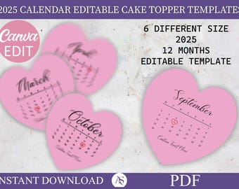 Burn Away Cake Topper Calendar Template, Custom Heart Cake Topper, 2024 Calendar Printable, Birthday Cake Topper, Canva Editable
