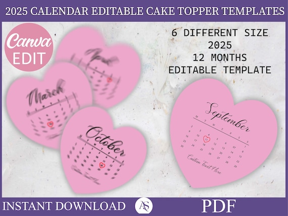 Burn Away Cake Topper Calendar Template, Custom Heart Cake Topper, 2024 Calendar Printable, Birthday Cake Topper, Canva Editable