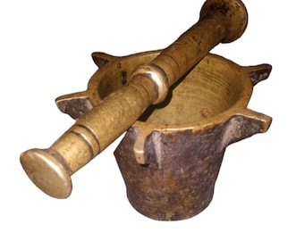 Pure and Heavy Brass Mortar Made by Jewish Artisans in Morocco, Rare Vintage 6 Sided Yellow Copper