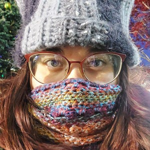 May include: A person wearing a gray cat-ear hat, glasses, and a colorful crocheted scarf. The hat is a soft, fuzzy material. The scarf features a mix of colors including blue, orange, and purple. The background has a blue sky and a Christmas tree.