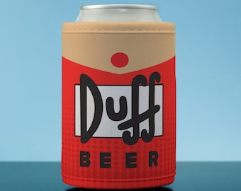 May include: Red and beige can cooler with the words "Duff Beer" in black lettering.