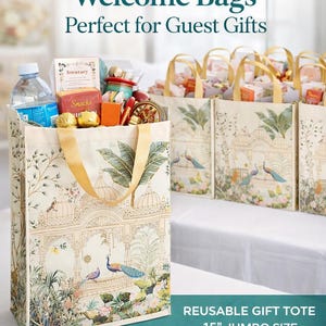 Bolsas de bienvenida para invitados de bodas indias - Bolsa reutilizable con estampado de pavo real - Bolsa de regalo grande para Diwali de 38 cm (15 pulgadas)