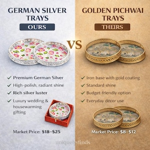 May include: A comparison graphic featuring German Silver Trays with pink floral patterns on the left and Golden Pichwai Trays with landscape illustrations on the right. The image includes text labels, checkmarks, and product pricing details.