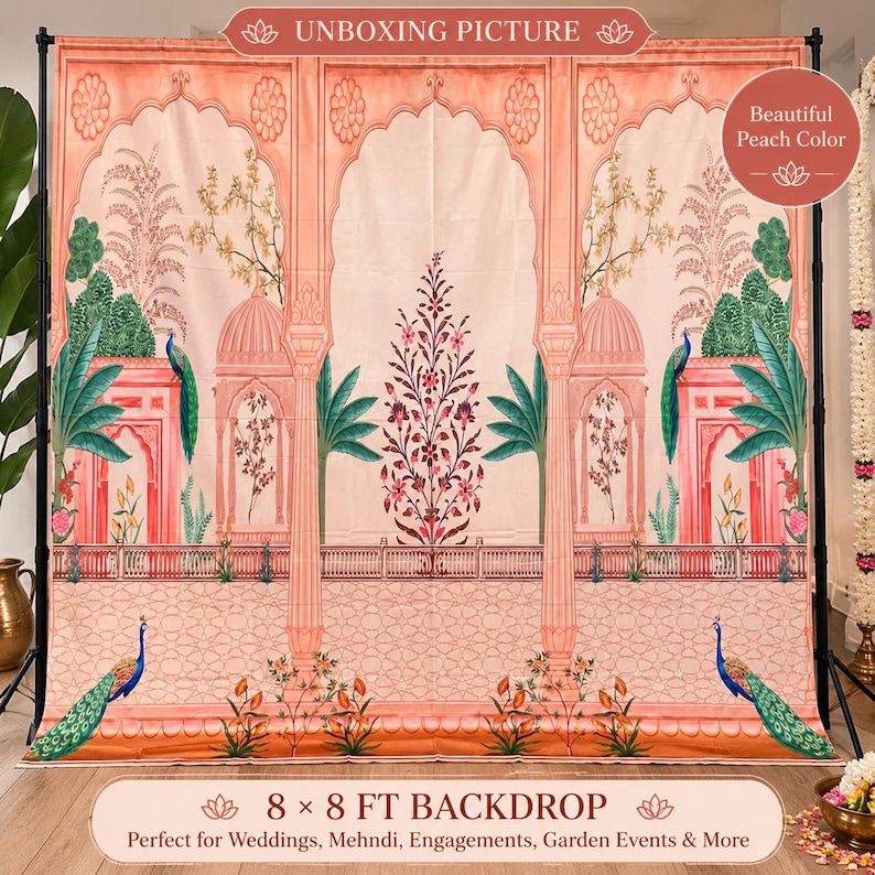 May include: A peach-colored fabric backdrop featuring a printed architectural design with arched pillars, a central floral motif, and peacocks. The text UNBOXING PICTURE appears at the top, and 8 x 8 FT BACKDROP is printed at the bottom.