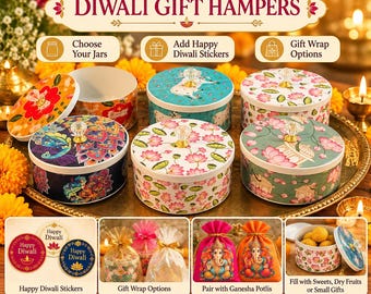 May include: A collection of round metal tins with decorative floral and peacock patterns, each featuring a clear crystal knob on the lid. The image includes text options for customizing Diwali gift hampers, stickers, and gift wrapping choices.