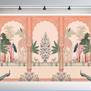 May include: A large rectangular backdrop featuring a peach-colored architectural scene with arched alcoves, ornate pillars, and a repeating pattern of peacocks, palm trees, and floral motifs. The design includes symmetrical elements and detailed botanical illustrations.