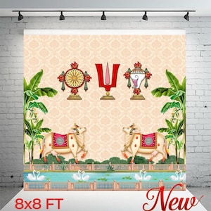 May include: A decorative backdrop featuring traditional Indian motifs. The design includes ornate symbols, cows, and a water scene with swans. The backdrop is 8x8 feet and has the word "New" in the bottom right corner.