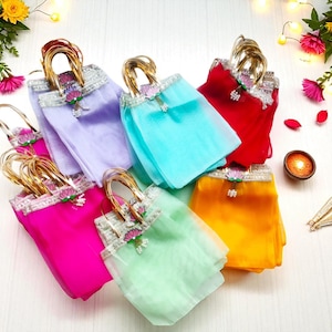 Lotus Organza Gift Bags: Indian Wedding Favors, Pooja Return Gifts (9x7 Inch, Assorted Colors)