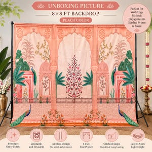 May include: A peach-colored 8 x 8 ft backdrop featuring a printed architectural design with arched doorways, palm trees, and peacocks. The fabric display includes a central floral motif, a repeating pattern of columns, and a 4-inch rod pocket.