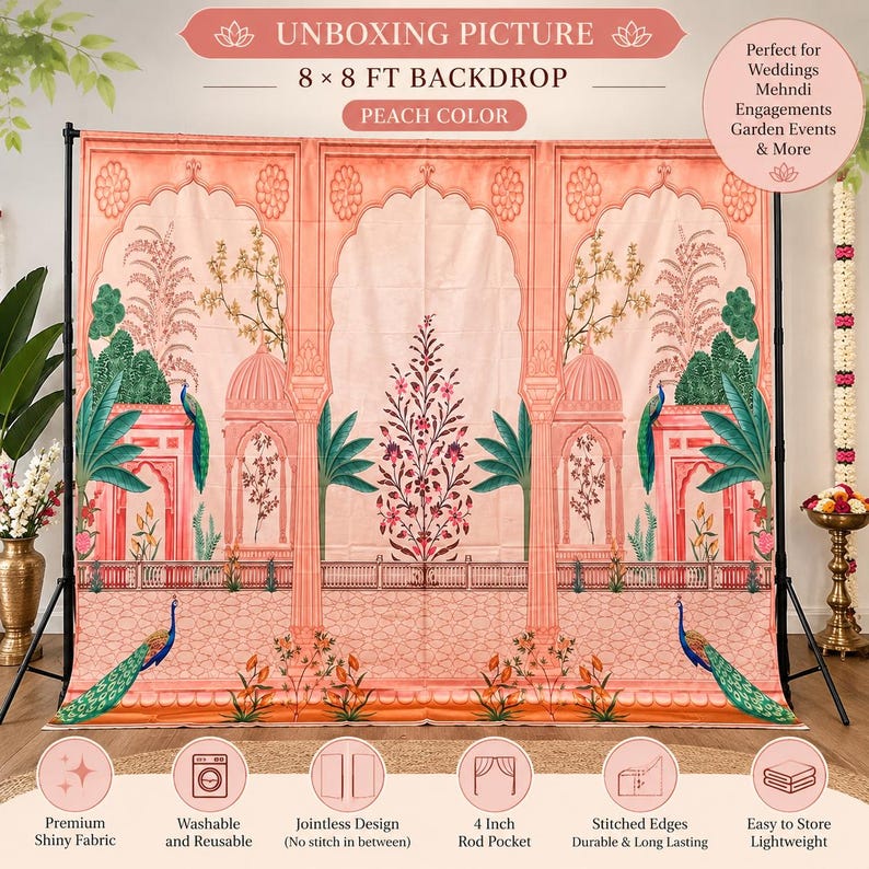 May include: A peach-colored 8 x 8 ft backdrop featuring a printed architectural design with arched doorways, palm trees, and peacocks. The fabric display includes a central floral motif, a repeating pattern of columns, and a 4-inch rod pocket.