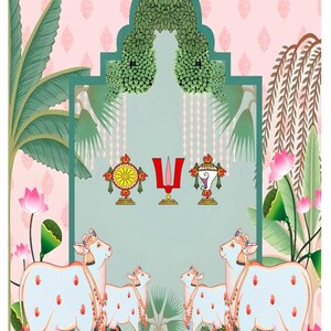 Puede incluir: Ilustraci&oacute;n art&iacute;stica con vacas blancas con huellas de manos rojas, adornadas con joyas, de pie en medio de exuberante vegetaci&oacute;n y flores de loto rosas. El fondo incluye una pared rosa claro estampada y un arco turquesa con s&iacute;mbolos religiosos.