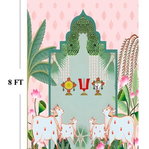 Puede incluir: Panel decorativo con un dise&ntilde;o tradicional indio. La obra de arte incluye vacas blancas con marcas rojas, flores de loto y s&iacute;mbolos religiosos. El panel mide 1,52 metros de ancho y 2,44 metros de alto, con una combinaci&oacute;n de colores rosa y verde.