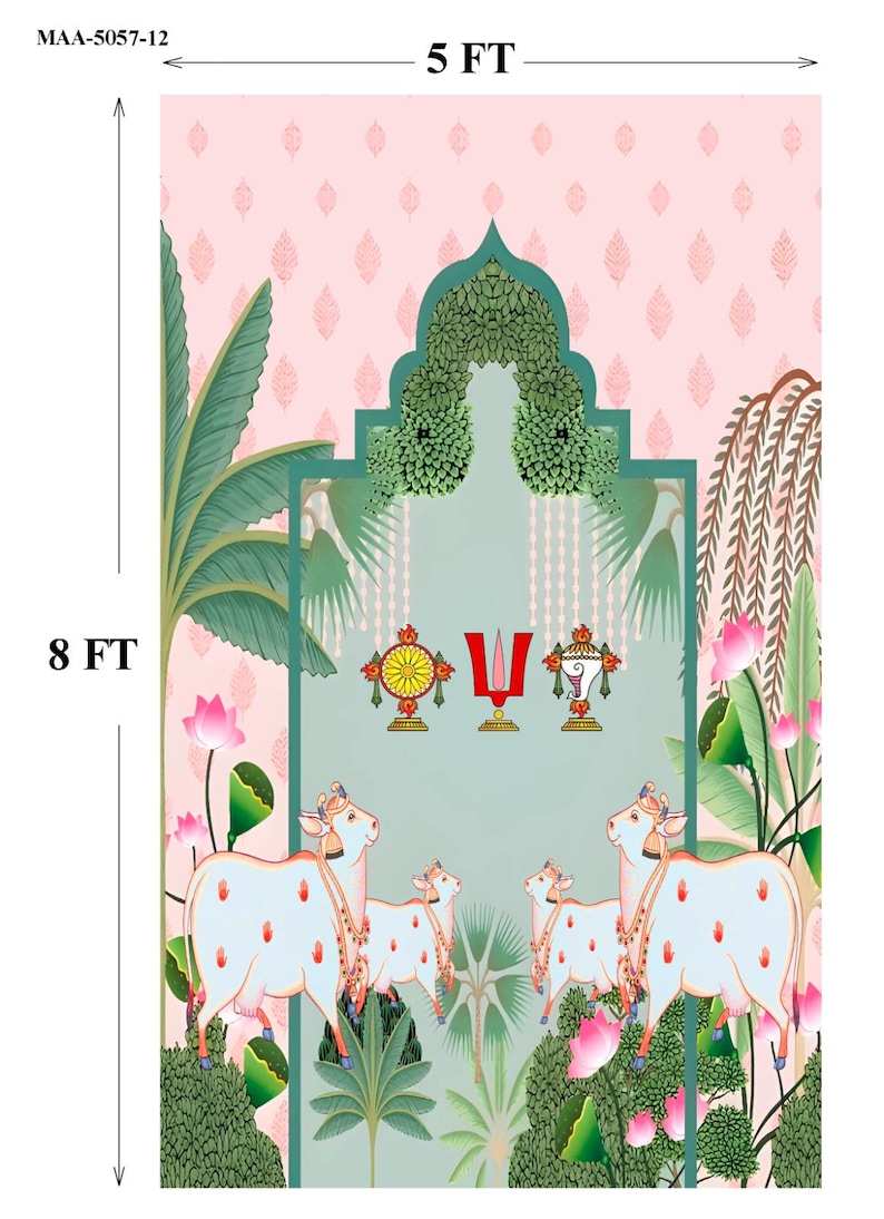 Puede incluir: Panel decorativo con un dise&ntilde;o tradicional indio. La obra de arte incluye vacas blancas con marcas rojas, flores de loto y s&iacute;mbolos religiosos. El panel mide 1,52 metros de ancho y 2,44 metros de alto, con una combinaci&oacute;n de colores rosa y verde.