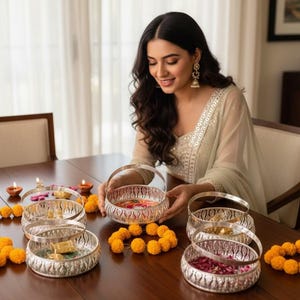May include: A set of round silver-toned metal baskets with intricate cut-out patterns and arched handles. The baskets are arranged on a wooden surface, some containing colorful flower petals and small golden decorative items.
